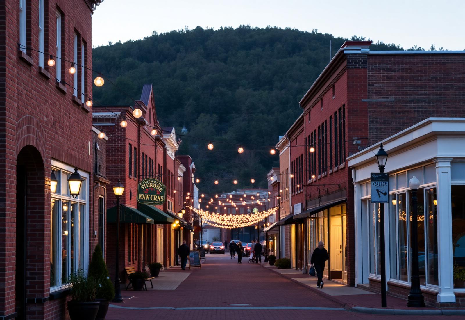 Historic brick storefronts along Main Street in downtown Pilot Mountain at dusk, with the mountain rising behind.